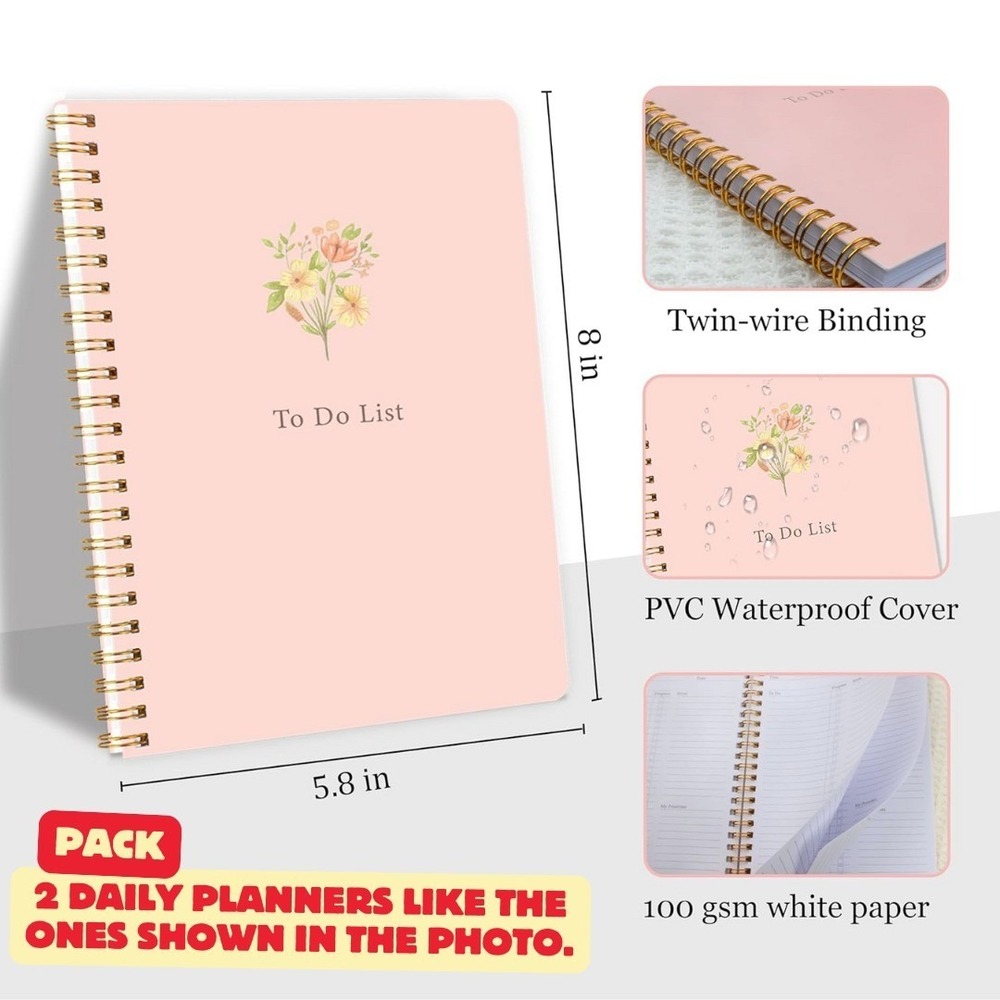 Undated Daily Planner 5.8x8 – To-Do Notebook w/ Priorities & Notes (2-pack)